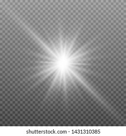 White glowing light explodes on a transparent background. Sparkling magical dust particles. Bright Star. Transparent shining sun, bright flash. Vector sparkles. To center a bright flash. Christmas