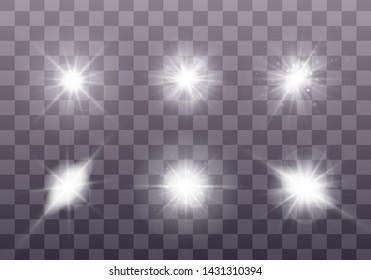 White glowing light explodes on a transparent background. Sparkling magical dust particles. Set of Bright Star. Transparent shining sun, bright flash Vector sparkles To center a bright flash Christmas