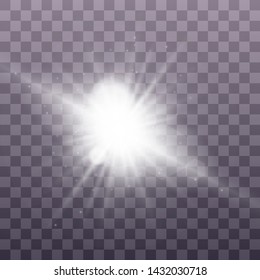 White glowing light explodes on a transparent background. Sparkling magical dust particles. Bright Star. Transparent shining sun, bright flash. Vector sparkles. To center a bright flash. Christmas