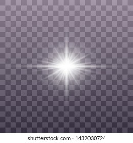 White glowing light explodes on a transparent background. Sparkling magical dust particles. Bright Star. Transparent shining sun, bright flash. Vector sparkles. To center a bright flash. Christmas