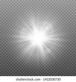 White glowing light explodes on a transparent background. Sparkling magical dust particles. Bright Star. Transparent shining sun, bright flash. Vector sparkles. To center a bright flash. Christmas