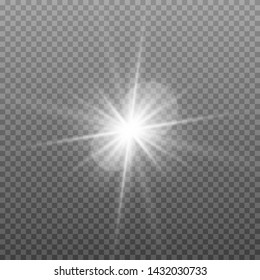 White glowing light explodes on a transparent background. Sparkling magical dust particles. Bright Star. Transparent shining sun, bright flash. Vector sparkles. To center a bright flash. Christmas