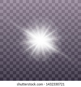 White glowing light explodes on a transparent background. Sparkling magical dust particles. Bright Star. Transparent shining sun, bright flash. Vector sparkles. To center a bright flash. Christmas