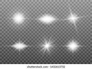 White glowing light explodes on a transparent background. Sparkling magical dust particles. Set of Bright Star. Transparent shining sun, bright flash Vector sparkles To center a bright flash Christmas