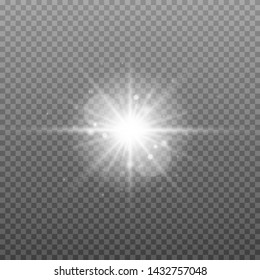 White glowing light explodes on a transparent background. Sparkling magical dust particles. Bright Star. Transparent shining sun, bright flash. Vector sparkles. To center a bright flash. Christmas