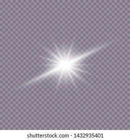 White glowing light explodes on a transparent background. Sparkling magical dust particles. Bright Star. Transparent shining sun, bright flash. Vector sparkles. To center a bright flash.