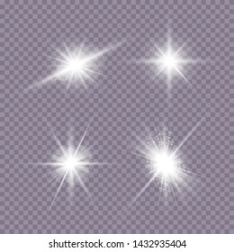 White glowing light explodes on a transparent background. Sparkling magical dust particles. Bright Star. Transparent shining sun, bright flash. Vector sparkles. To center a bright flash.