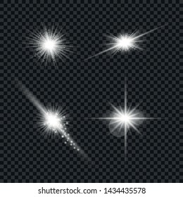 White glowing light explodes on a transparent background. Sparkling magical dust particles. Set of Bright Star. Transparent shining sun, bright flash Vector sparkles To center a bright flash Christmas