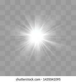 White glowing light explodes on a transparent background. Sparkling magical dust particles. Bright Star. Transparent shining sun, bright flash. Vector sparkles.