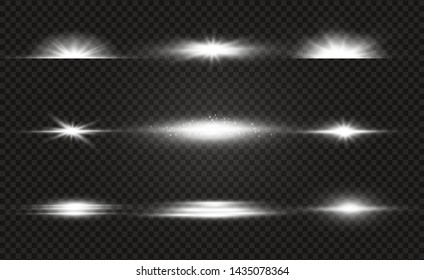 White glowing light explodes on a transparent background. Sparkling magical dust particles. Bright Star. Transparent shining sun, bright flash. Vector sparkles. To center a bright flash.