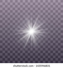White glowing light explodes on a transparent background. Sparkling magical dust particles. Bright Star. Transparent shining sun, bright flash. Vector sparkles. To center a bright flash. Christmas