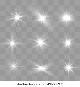 White glowing light explodes on a transparent background. Sparkling magical dust particles. Bright Star. Transparent shining sun, bright flash. Vector sparkles.