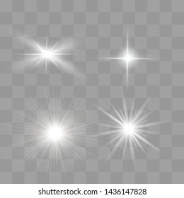 White glowing light explodes on a transparent background. Sparkling magical dust particles. Bright Star. Transparent shining sun, bright flash. Vector sparkles.