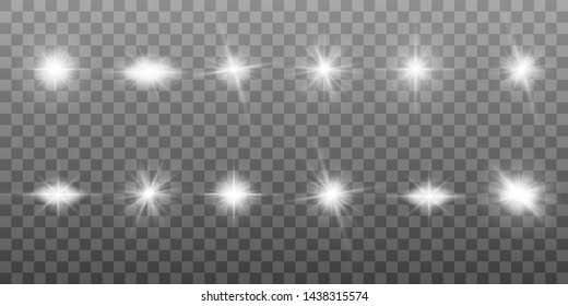 White glowing light explodes on a transparent background. Sparkling magical dust particles. Set of Bright Star. Transparent shining sun, bright flash Vector sparkles To center a bright flash Christmas