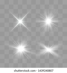 White glowing light explodes on a transparent background. Sparkling magical dust particles. Bright Star. Transparent shining sun, bright flash. Vector sparkles.