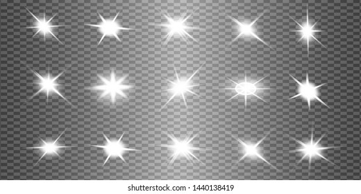 White glowing light explodes on a transparent background. Sparkling magical dust particles. Bright Star. Transparent shining sun, bright flash. Vector sparkles. To center a bright flash