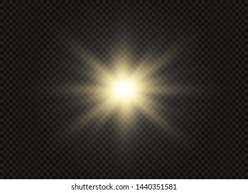 White glowing light explodes on a transparent background. Sparkling magical dust particles. Bright Star. Transparent shining sun, bright flash. Vector sparkles. To center a bright flash.