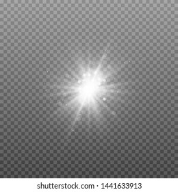 White glowing light explodes on a transparent background. Sparkling magical dust particles. Bright Star. Transparent shining sun, bright flash. Vector sparkles. To center a bright flash. Christmas