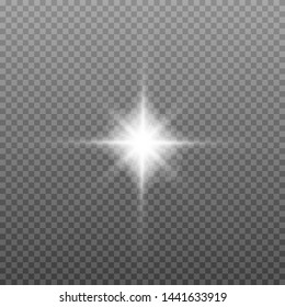 White glowing light explodes on a transparent background. Sparkling magical dust particles. Bright Star. Transparent shining sun, bright flash. Vector sparkles. To center a bright flash. Christmas