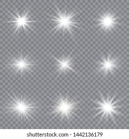 White glowing light explodes on a transparent background. Sparkling magical dust particles. Bright Star. Transparent shining sun, bright flash. Vector illustration.