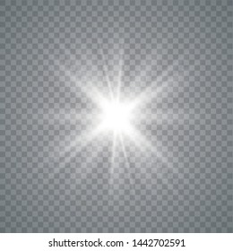 White glowing light explodes on a transparent background. Sparkling magical dust particles. Bright Star. Transparent shining sun, bright flash. Vector Illustration eps10.