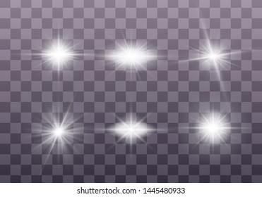 White glowing light explodes on a transparent background. Sparkling magical dust particles. Set of Bright Star. Transparent shining sun, bright flash Vector sparkles To center a bright flash Christmas