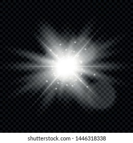 White glowing light explodes on a transparent background. Sparkling magical dust particles. Bright Star. Transparent shining sun, bright flash. Vector sparkles. To center a bright flash. Christmas