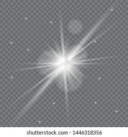 White glowing light explodes on a transparent background. Sparkling magical dust particles. Bright Star. Transparent shining sun, bright flash. Vector sparkles. To center a bright flash. Christmas