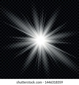 White glowing light explodes on a transparent background. Sparkling magical dust particles. Bright Star. Transparent shining sun, bright flash. Vector sparkles. To center a bright flash. Christmas