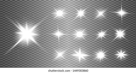 White glowing light explodes on a transparent background. Sparkling magical dust particles. Bright Star. Transparent shining sun, bright flash. Vector sparkles. To center a bright flash