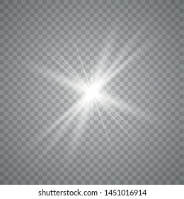 White glowing light explodes on a transparent background. Sparkling magical dust particles. Bright Star. Transparent shining sun, bright flash.