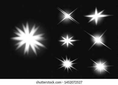 White glowing light explodes on a transparent background. Sparkling magical dust particles. Bright Star. Transparent shining sun, bright flash. Vector sparkles. To center a bright flash