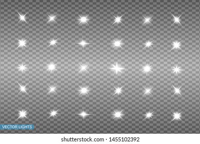 White glowing light explodes on a transparent background. Sparkling magical dust particles. Bright Star. Transparent shining sun, bright flash. Vector sparkles. To center a bright flash