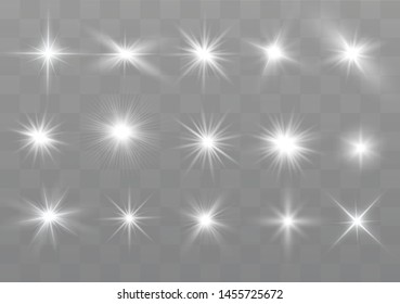 White glowing light explodes on a transparent background. Sparkling magical dust particles. Bright Star. Transparent shining sun, bright flash. Vector sparkles.