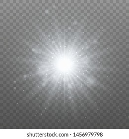 White glowing light explodes on a transparent background. Sparkling magical dust particles. Bright Star. Transparent shining sun, bright flash. Vector sparkles. To center a bright flash. Christmas