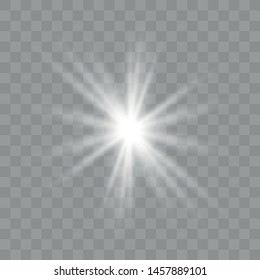 White glowing light explodes on a transparent background. Sparkling magical dust particles. Bright Star. Transparent shining sun, bright flash.