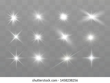 White glowing light explodes on a transparent background. Sparkling magical dust particles. Bright Star. Transparent shining sun, bright flash. Vector sparkles.