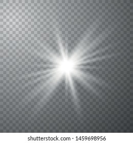 White glowing light explodes on a transparent background. Sparkling magical dust particles. Bright Star. Transparent shining sun, bright flash. Vector Illustration eps10.