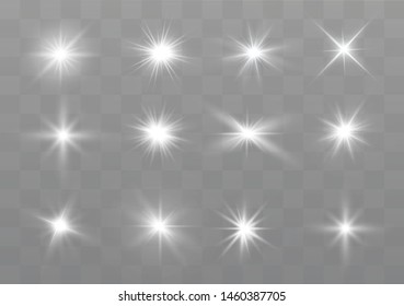 White glowing light explodes on a transparent background. Sparkling magical dust particles. Bright Star. Transparent shining sun, bright flash. Vector sparkles.