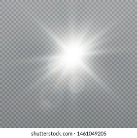 White glowing light explodes on a transparent background. Sparkling magical dust particles. Bright Star. Transparent shining sun, bright flash
