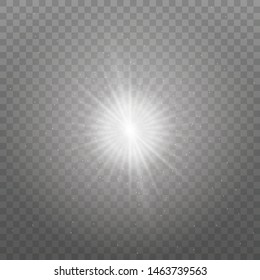 White glowing light explodes on a transparent background. Sparkling magical dust particles. Bright Star. Transparent shining sun, bright flash. Vector sparkles. To center a bright flash. Christmas