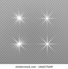 White glowing light explodes on a transparent background. Sparkling magical dust particles. Bright Star. Transparent shining sun, bright flash. Vector sparkles. To center a bright flash.