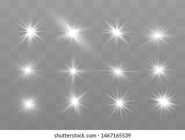 White glowing light explodes on a transparent background. Sparkling magical dust particles. Bright Star. Transparent shining sun, bright flash. Vector sparkles.
