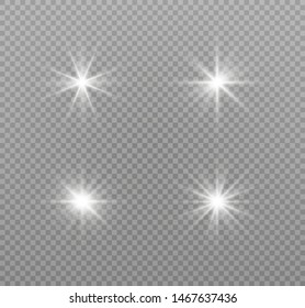 White glowing light explodes on a transparent background. Sparkling magical dust particles. Bright Star. Transparent shining sun, bright flash. Vector sparkles. To center a bright flash.