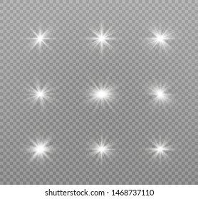 White glowing light explodes on a transparent background. Sparkling magical dust particles. Bright Star. Transparent shining sun, bright flash. Vector sparkles. To center a bright flash.