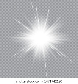 White glowing light explodes on a transparent background. with ray. Transparent shining sun, bright flash. Special lens flare light effect.