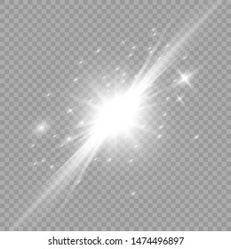 White glowing light explodes on a transparent background. Sparkling magical dust particles. Bright Star. Transparent shining sun, bright flash. Vector sparkles. To center a bright flash. Christmas 