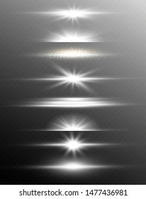 White glowing light explodes on a transparent background. Sparkling magical dust particles. Bright Star. Transparent shining sun, bright flash. Vector sparkles. To center a bright flash.