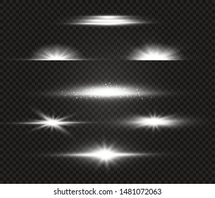 White glowing light explodes on a transparent background. Sparkling magical dust particles. Bright Star. Transparent shining sun, bright flash. Vector sparkles. To center a bright flash.