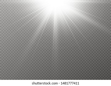 White glowing light explodes on a transparent background. Sparkling magical dust particles. Bright Star. Transparent shining sun, bright flash. Vector sparkles. To center a bright flash.